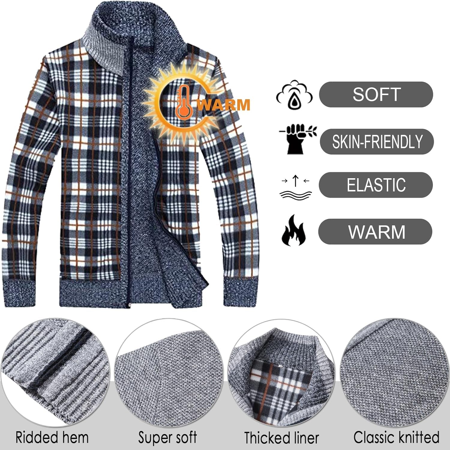 Men'S Casual Slim Full Zip Thick Knitted Cardigan Sweaters with Pockets